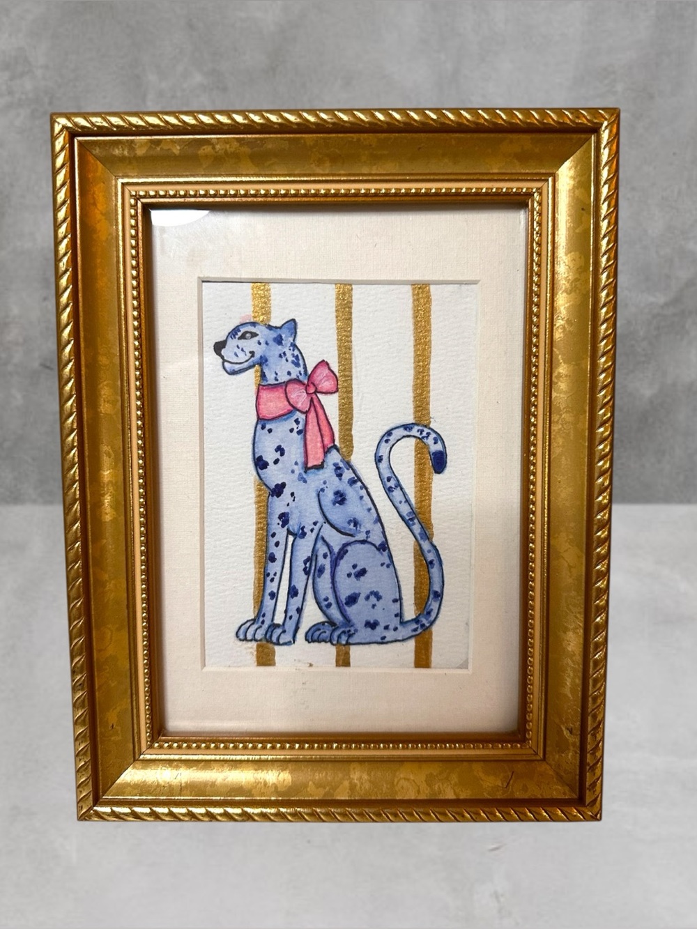 FRAMED ORIGINAL Watercolor Painting BLUE CHEETHA PREPPY ART